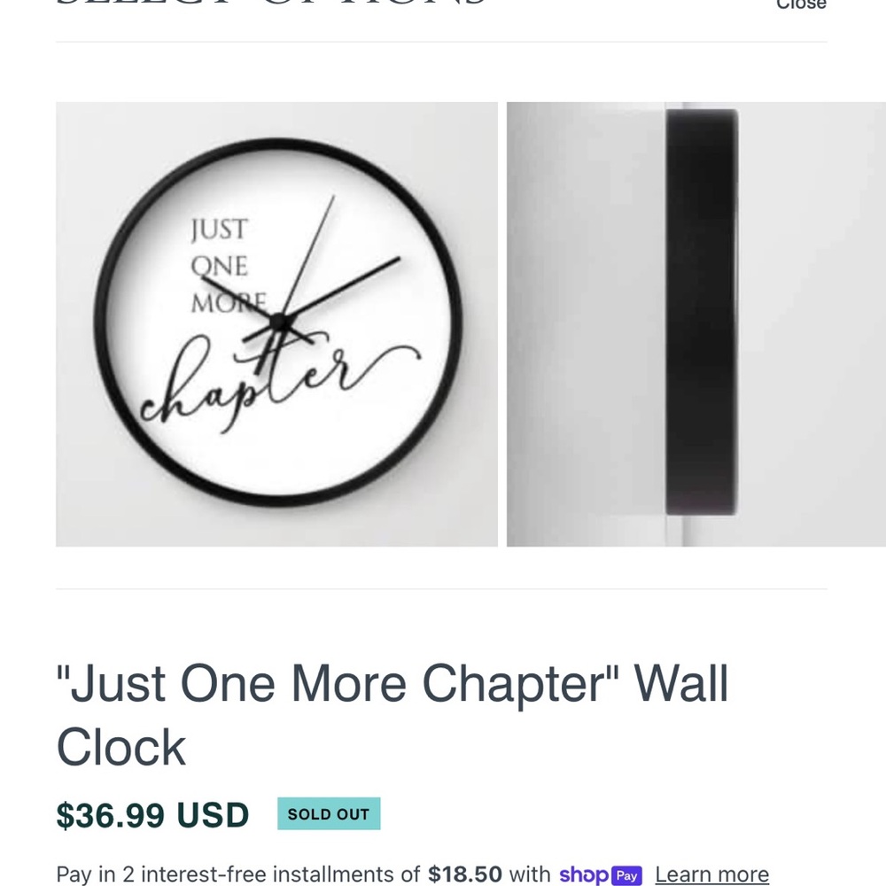 "Just One More Chapter" Black and White Wall Clock